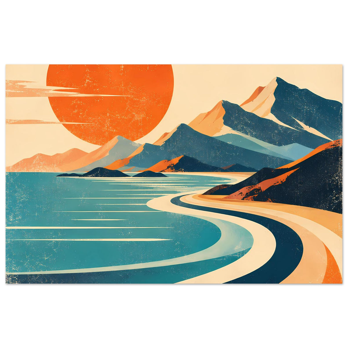 Querformatiges Vintage-Poster mit orangefarbener Sonne, blauen Bergen und gewundenem Meer