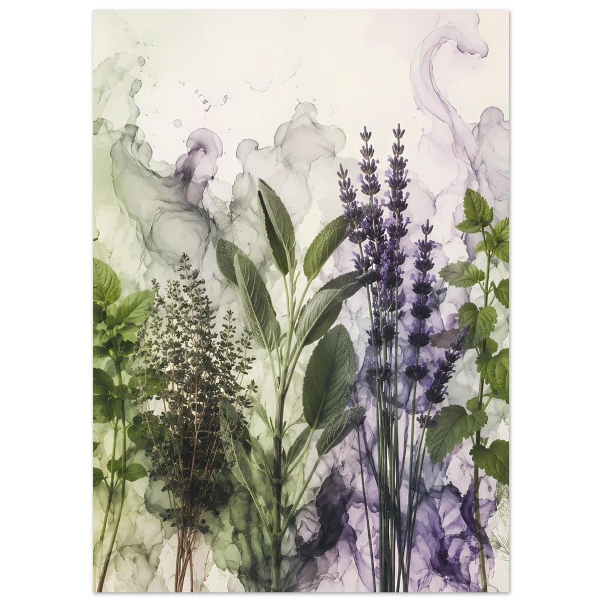 Vertikales botanisches Poster mit Lavendelblüten und Kräuterblättern