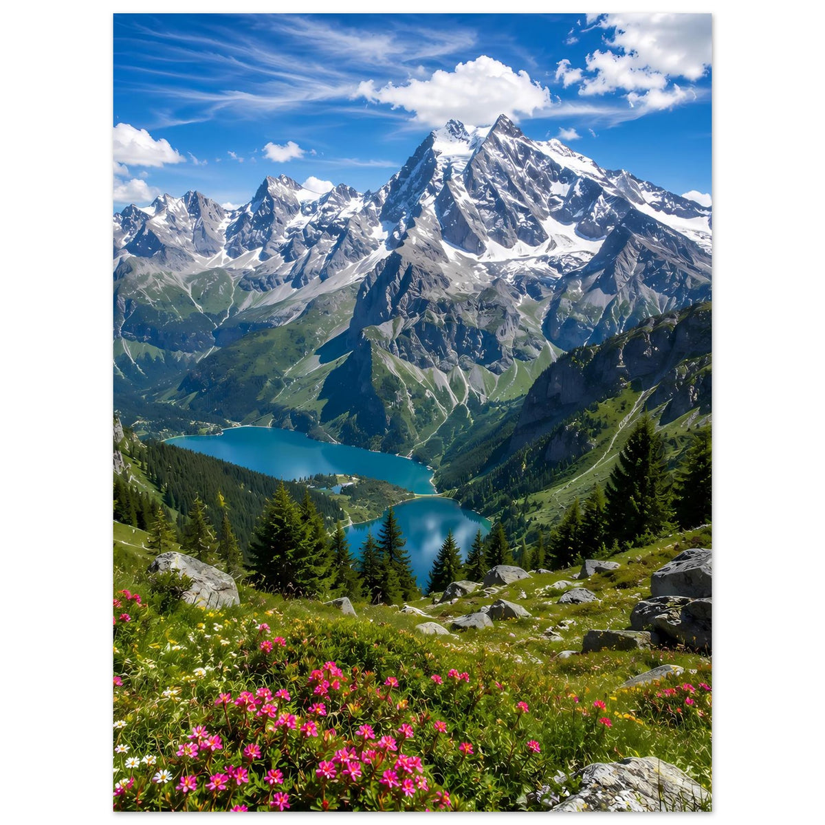 Alpenlandschaftsposter: verschneite Berge, blauer See, Tannen und pinke Wildblumen