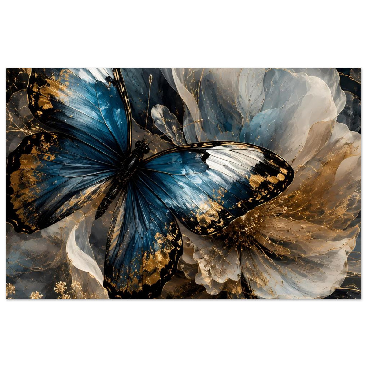 Breites Poster mit blauem Schmetterling, goldschimmernden Akzenten und weißen Federn