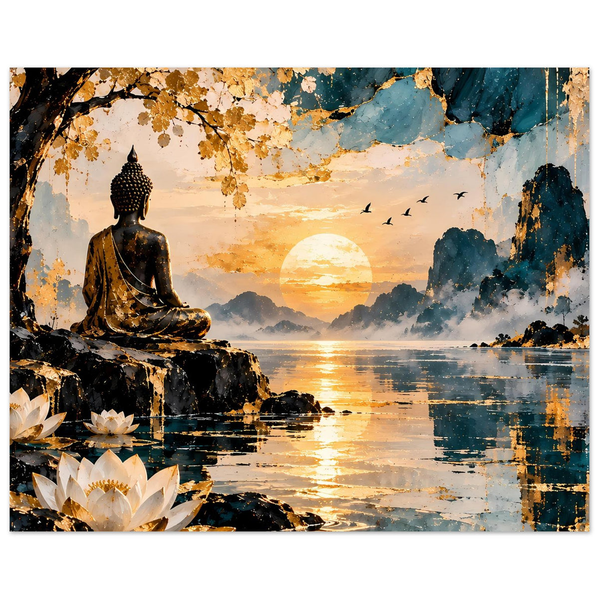 Buddha-Poster im Panoramaformat: goldblauer Sonnenuntergang, Lotuspflanzen, Buddha und Vögel