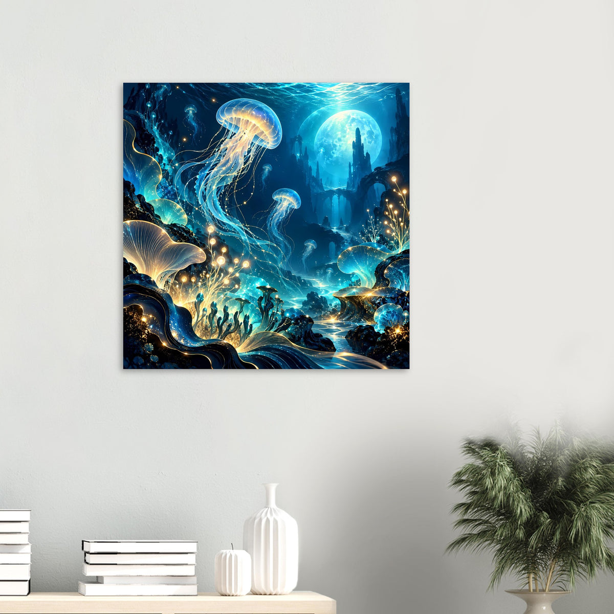 Unterwasserwelt-Poster mit Quallen und goldenen Blasen in leuchtendem Blauton