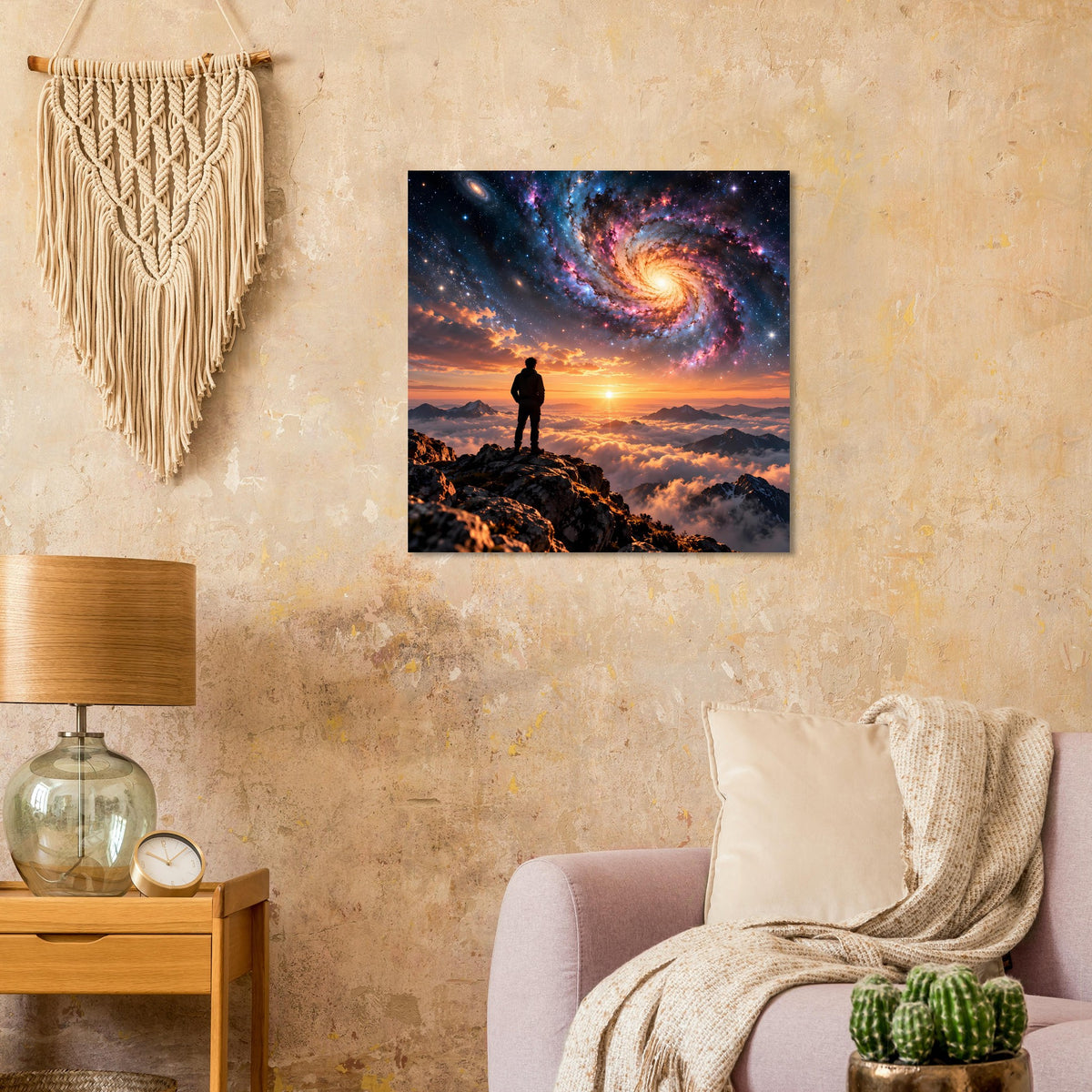 Quadratisches Poster mit Silhouette auf Felsen vor Galaxie und farbigem Sonnenuntergang