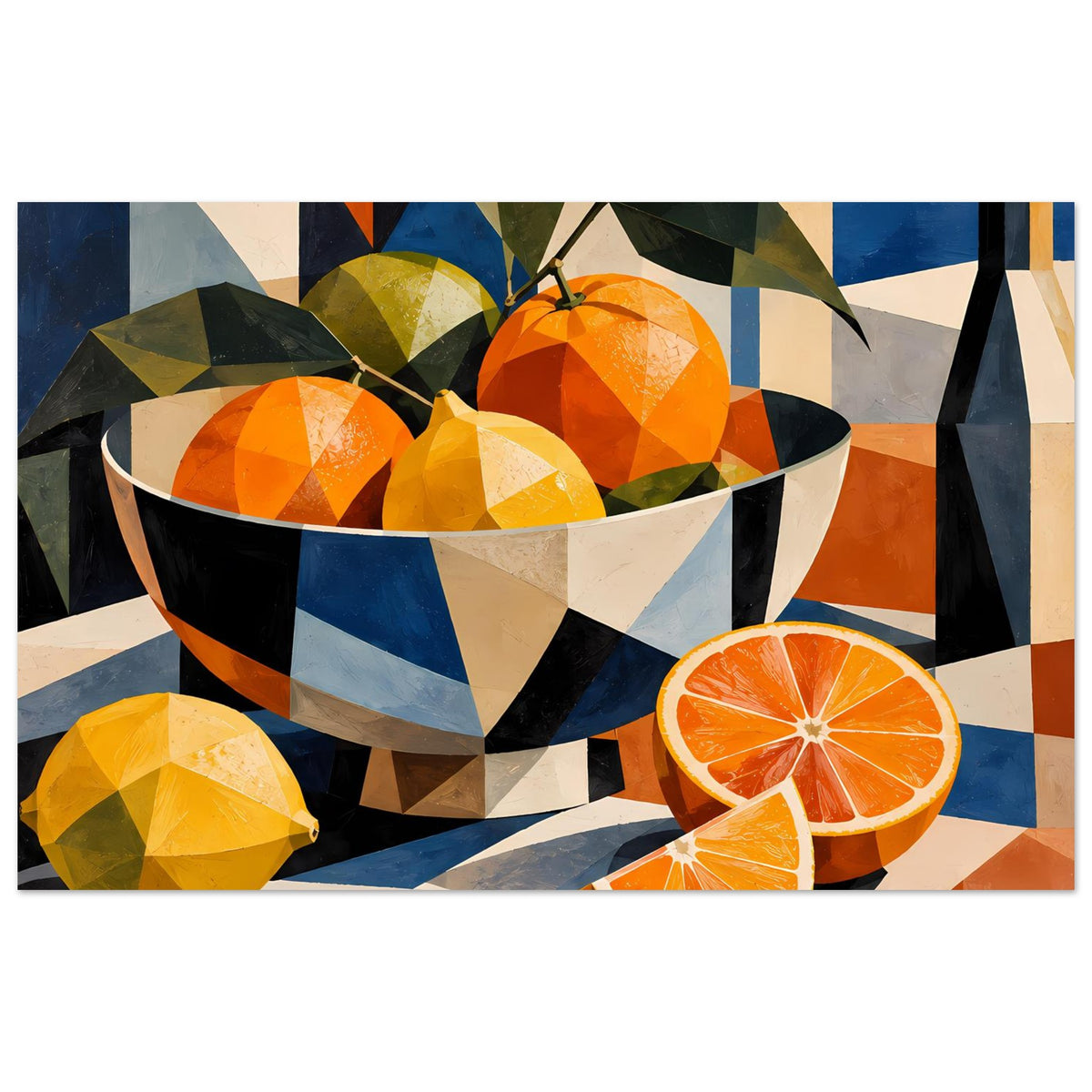 Poster mit kubistischem Stillleben: Schüssel mit Orangen, gelber Zitrone und Orangenscheiben
