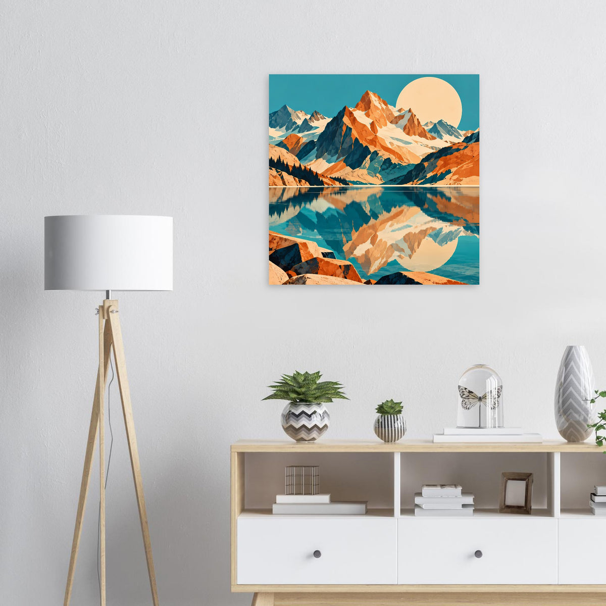 Quadratisches Naturposter mit Bergen, See und Spiegelung in Blau und Orange