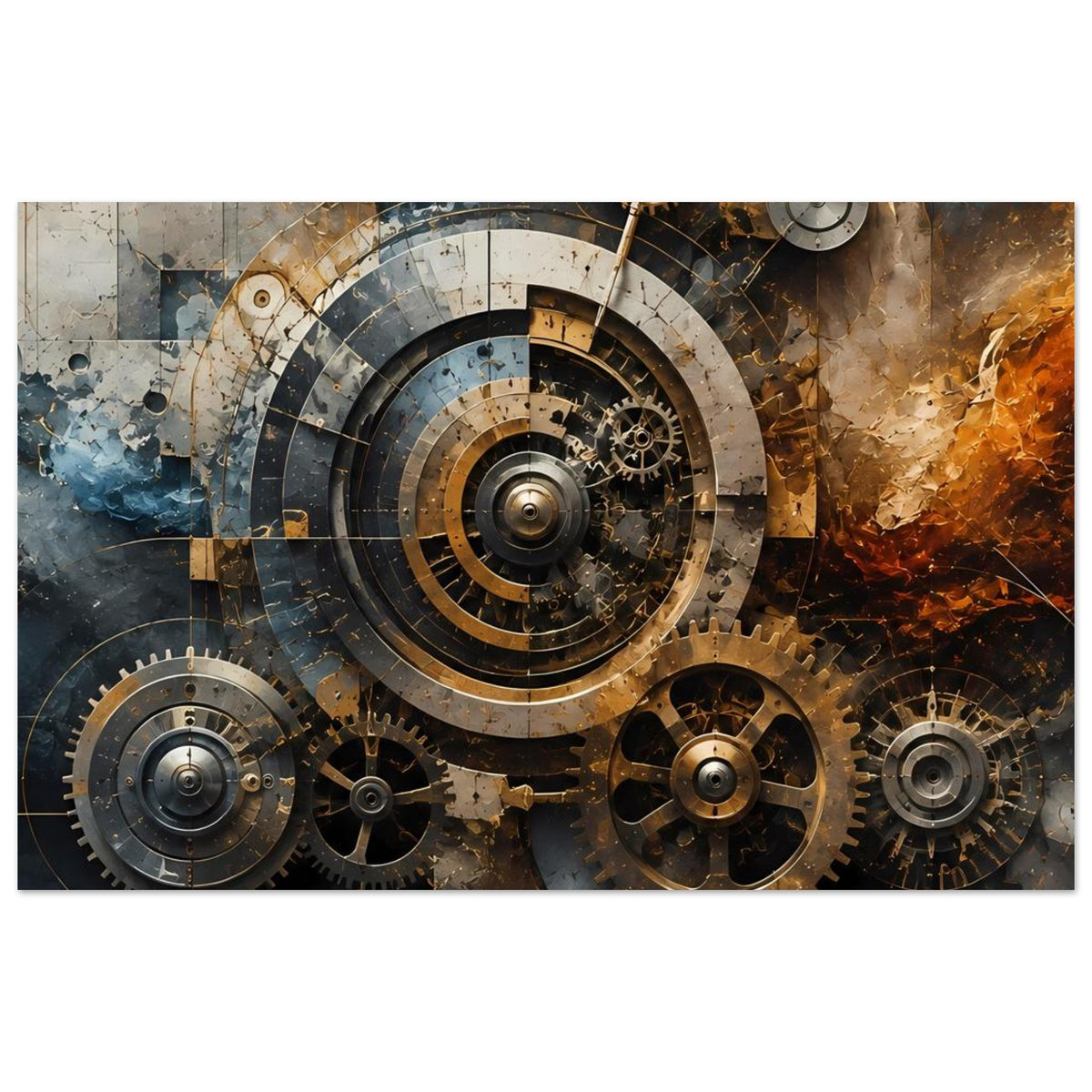 Steampunk-Zahnrad-Poster mit zentraler Zielscheibe und großen Zahnrädern am unteren Rand