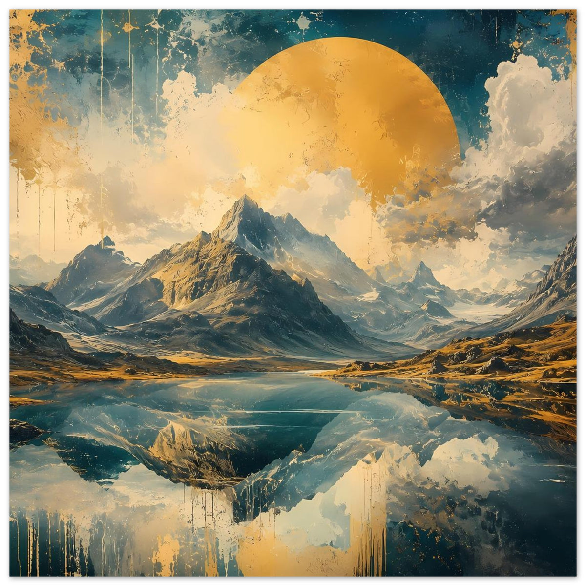 Poster (Hochformat) mit Berglandschaft und Spiegelung in Blau-Gold, gelber Halbkreis