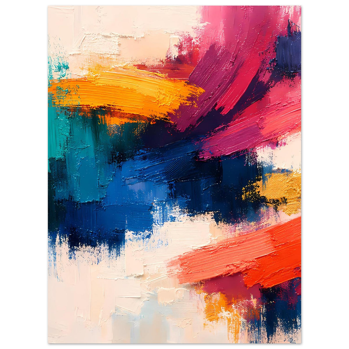 Hochformatiger Kunstdruck mit kräftigen Pinselstrichen in Pink, Blau, Orange und Türkis