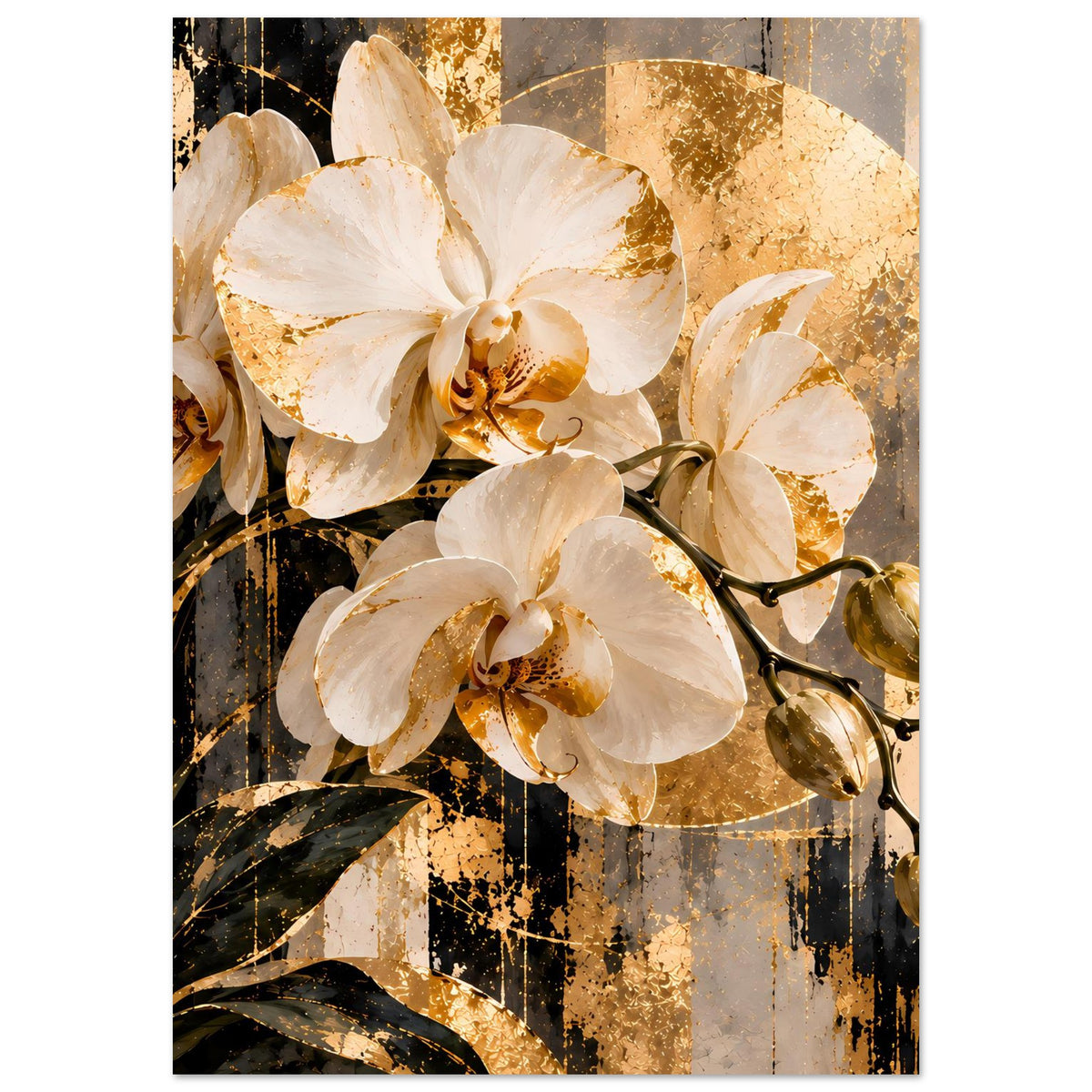 Orchideen-Wandposter (vertikal) mit goldener Struktur, cremefarbene Orchideen und Blätter