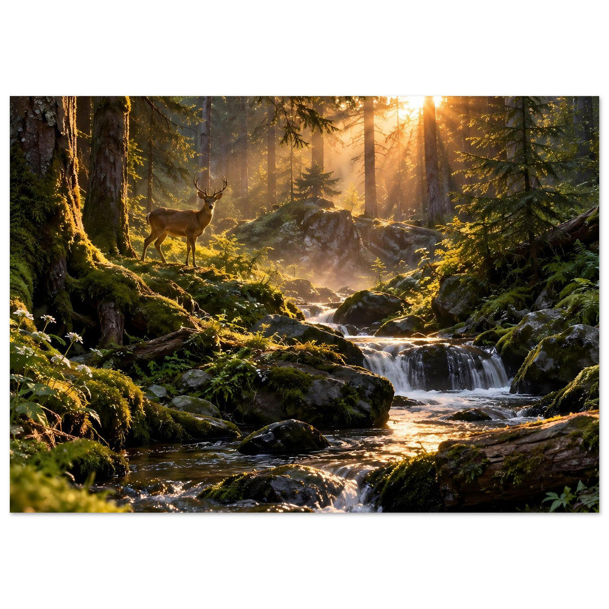 Poster mit Hirsch im Sonnenwald und mehrstufigem Bach über Felsen