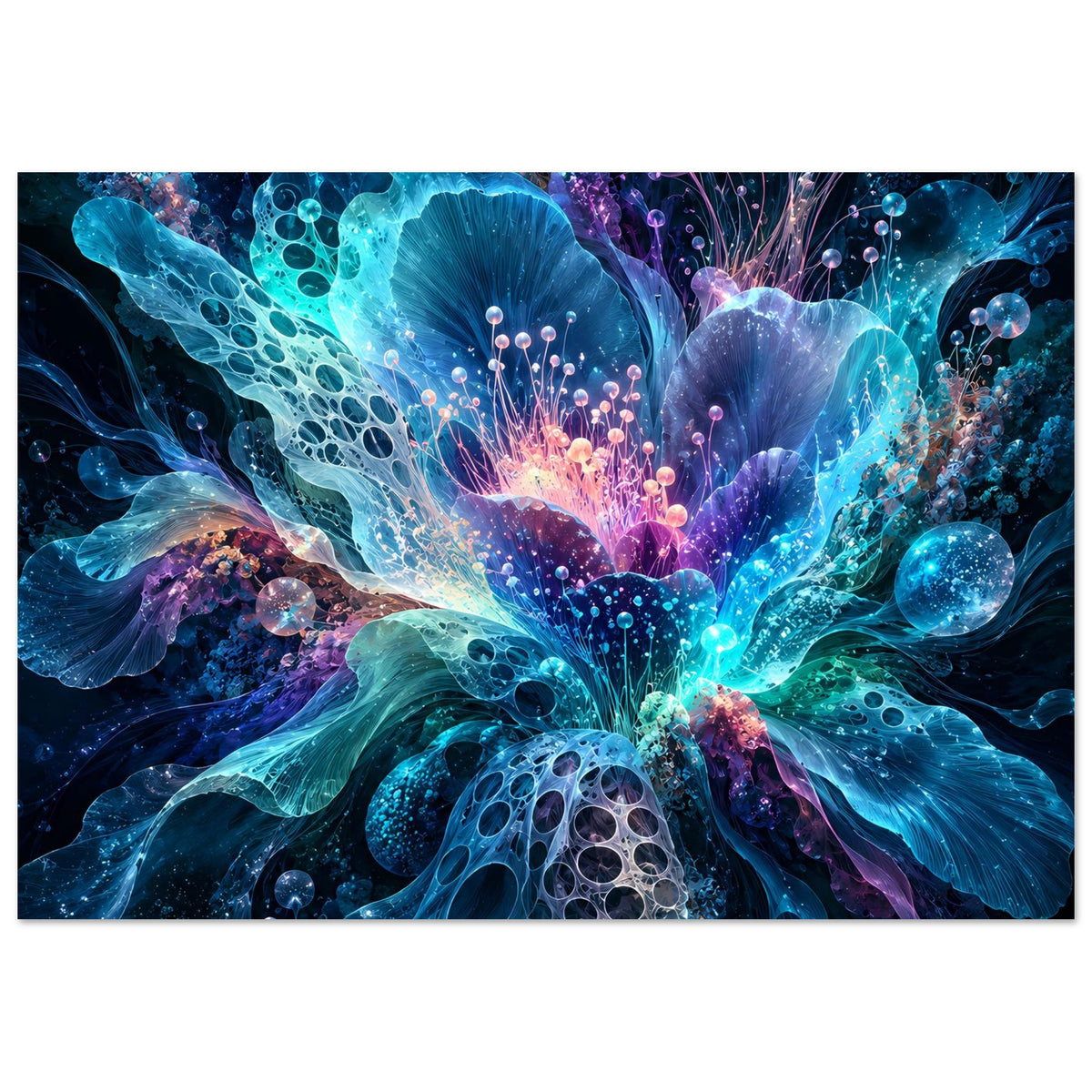 Querformatiges Blumenposter mit leuchtender Blüte in Blau und Violett, detailreicher Musterung
