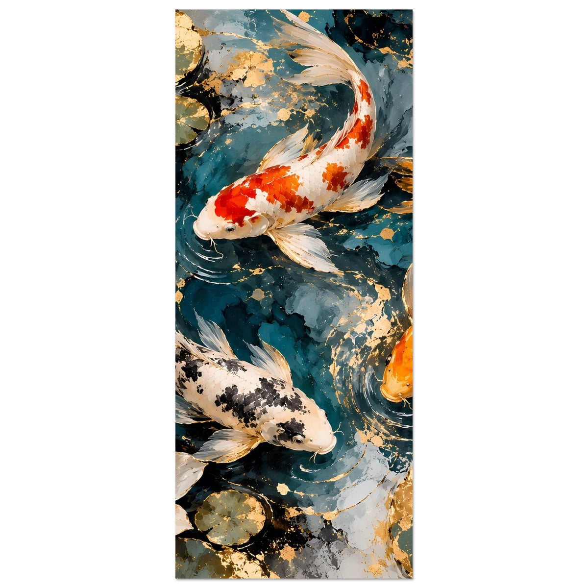 Kunstposter im Hochformat mit Koi-Fischen und Lotusblüten in Blau, Orange und Weiß