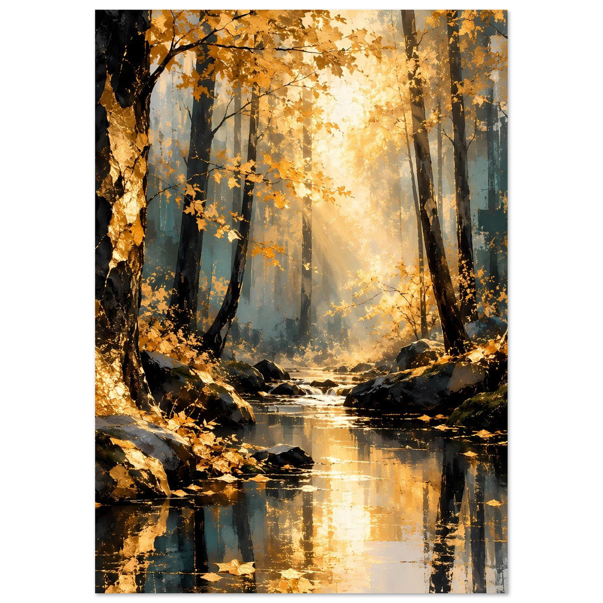 Herbstwald-Poster, vertikal: goldene Lichtwolke, Bachlauf und spiegelnde Wasserfläche