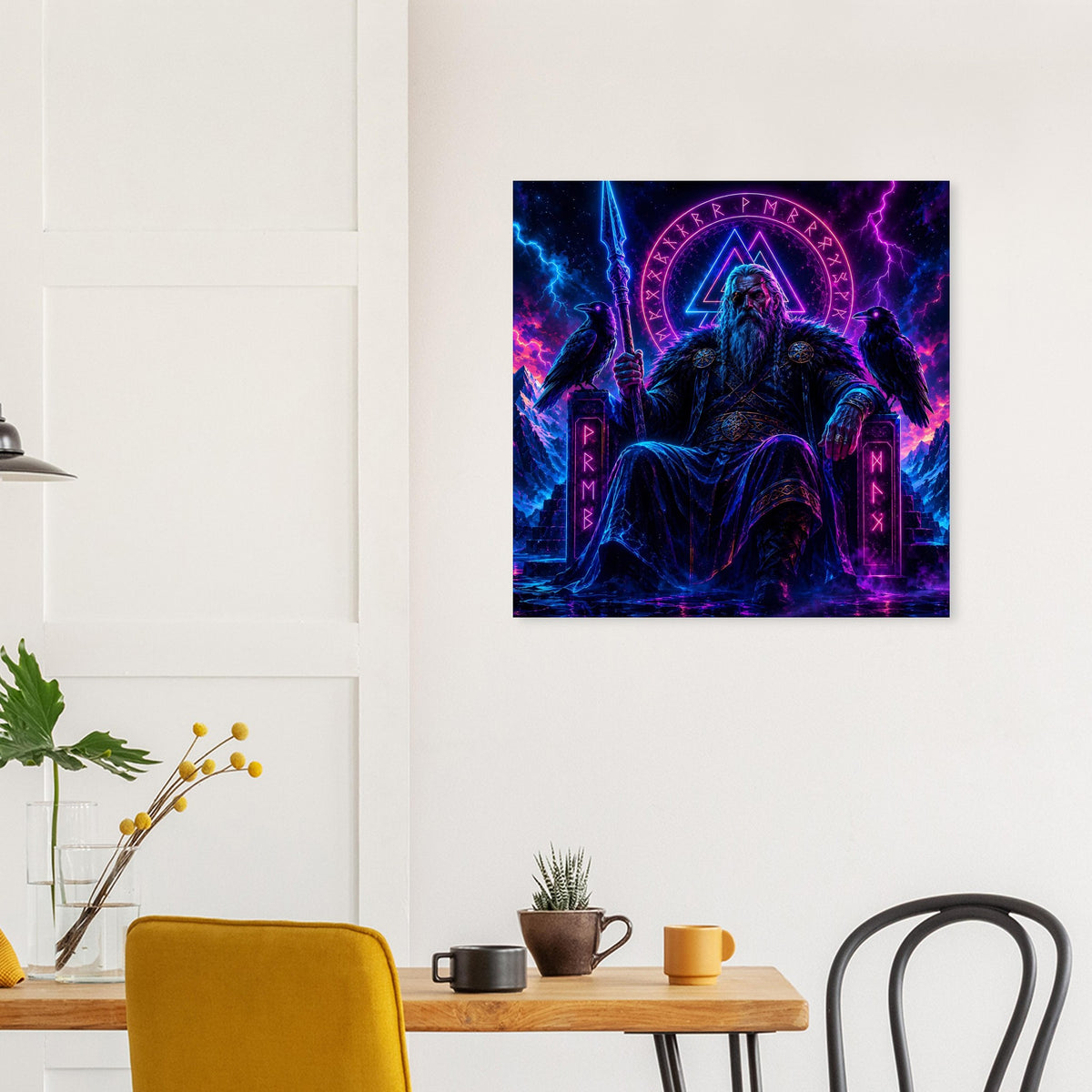 Fantasy-Poster mit Wikingerkönig unter Runenkreis, blaues und violettes Leuchten