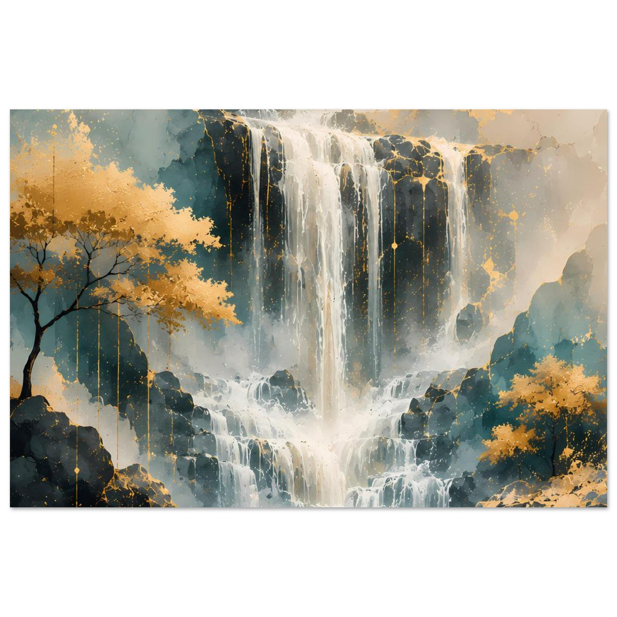 Horizontales Kunstdruck-Poster: Wasserfall in Blau und warmem Gold, mit Rahmen