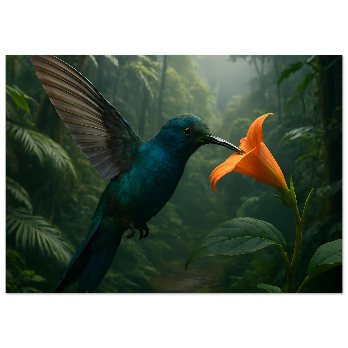 Breites Poster mit blauem Kolibri, langen Flügeln und orangefarbener Blüte