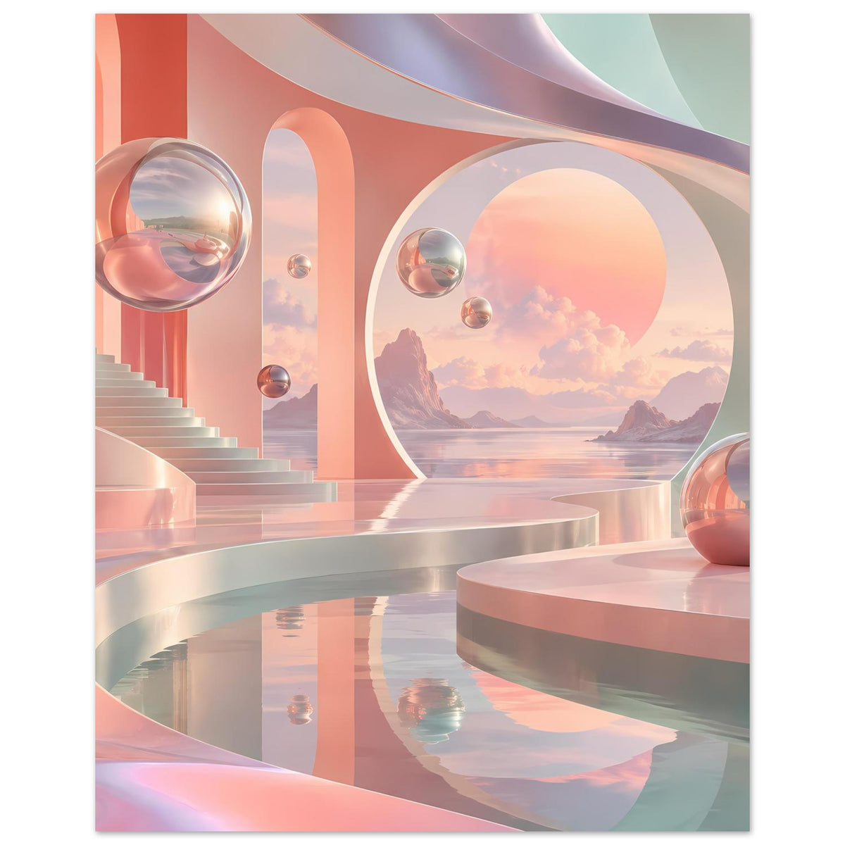 Pastell-Landschaftsposter, rechter Bereich mit Kugel-Reflexionen, rundem Fenster und Becken