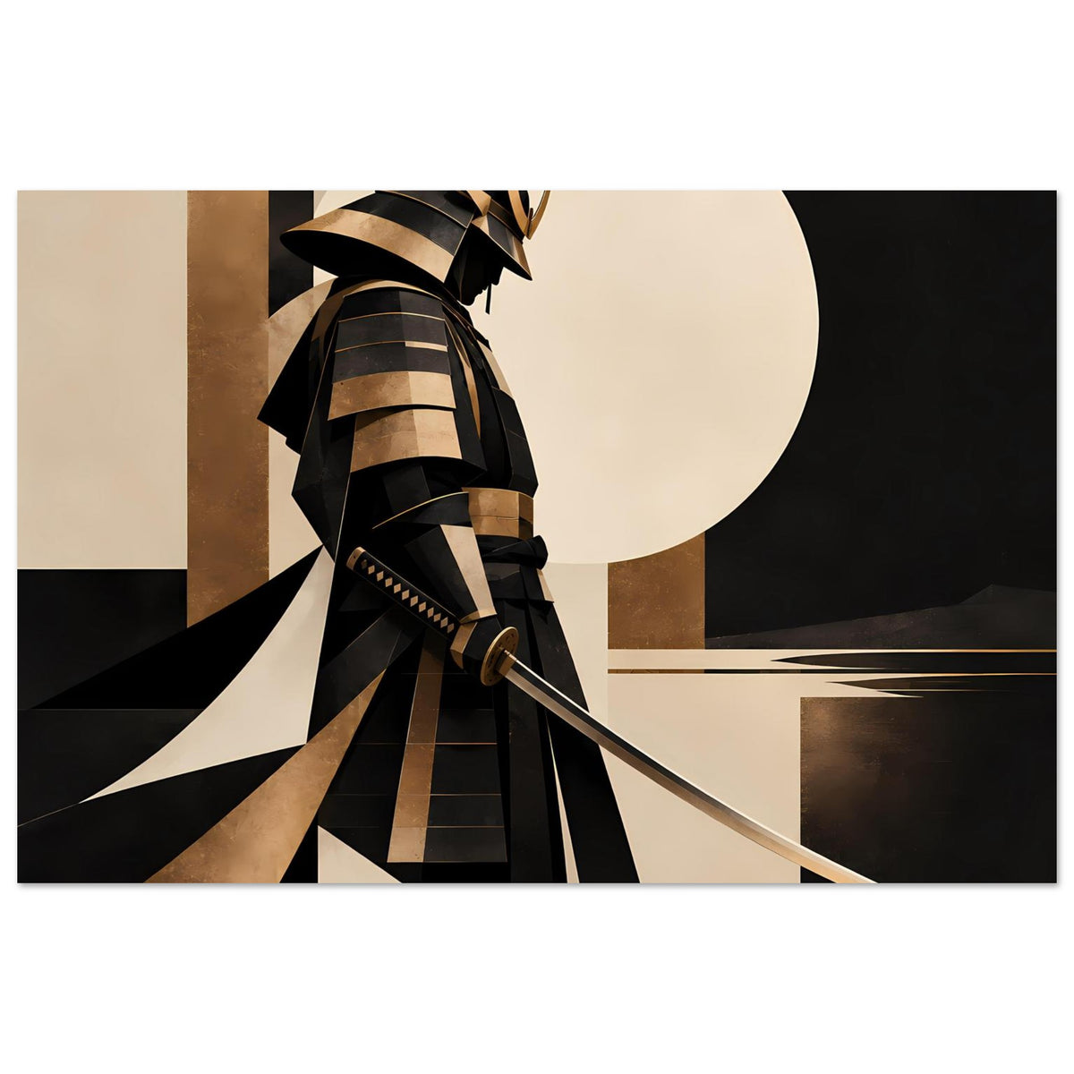 Horizontales Kunstposter: Samurai-Silhouette in dunklen und goldenen Farbtönen, diagonale Klinge