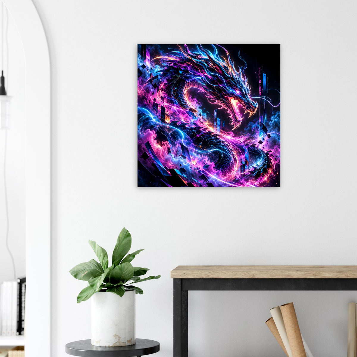 Quadratisches Poster mit Cyber-Drachen und türkis leuchtenden Energieadern, schwarzer Rahmen