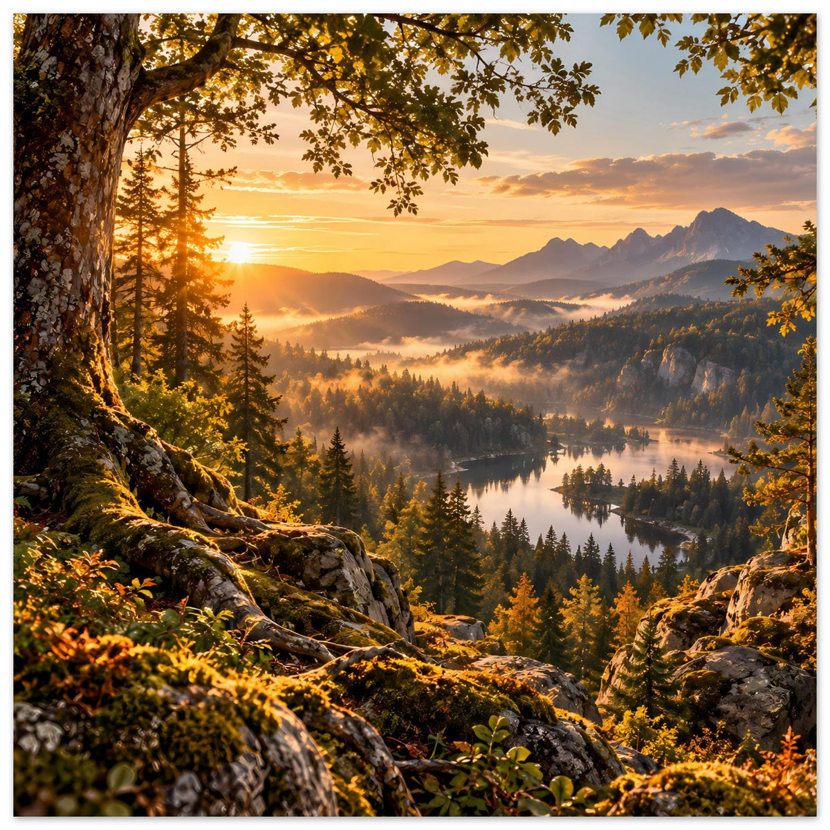 Landschaftsposter Nahansicht: Sonnenaufgang, Felsen, Tannen und Waldsee