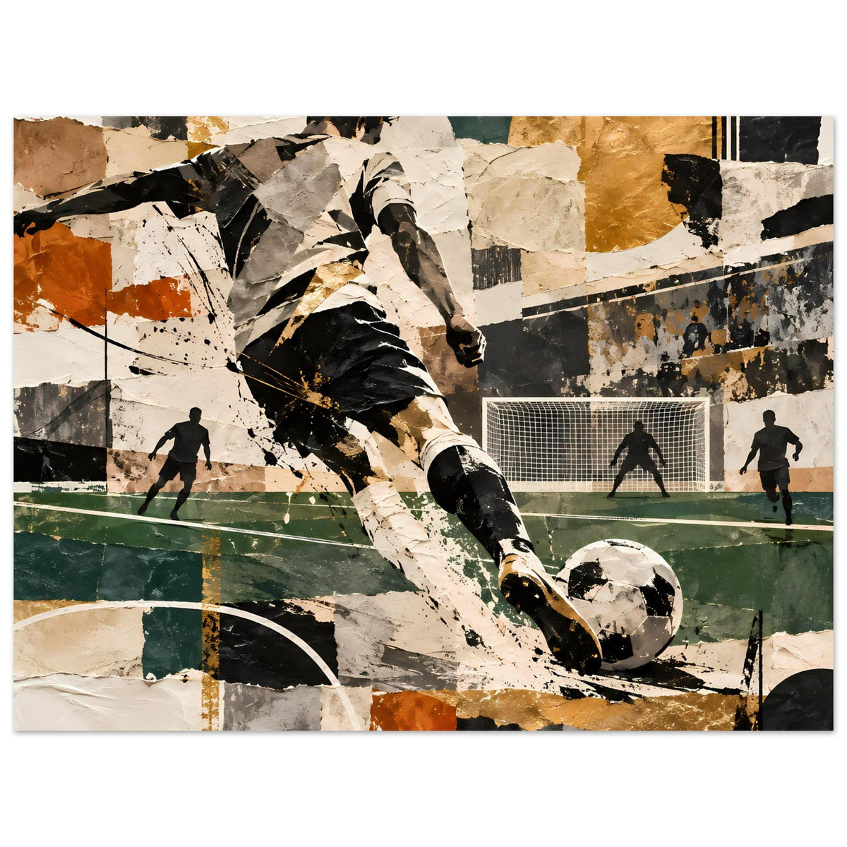 Abstraktes Fußball-Action-Artposter, horizontal: Spieler-Kick in Scherben-Optik mit Tor im Hintergrund