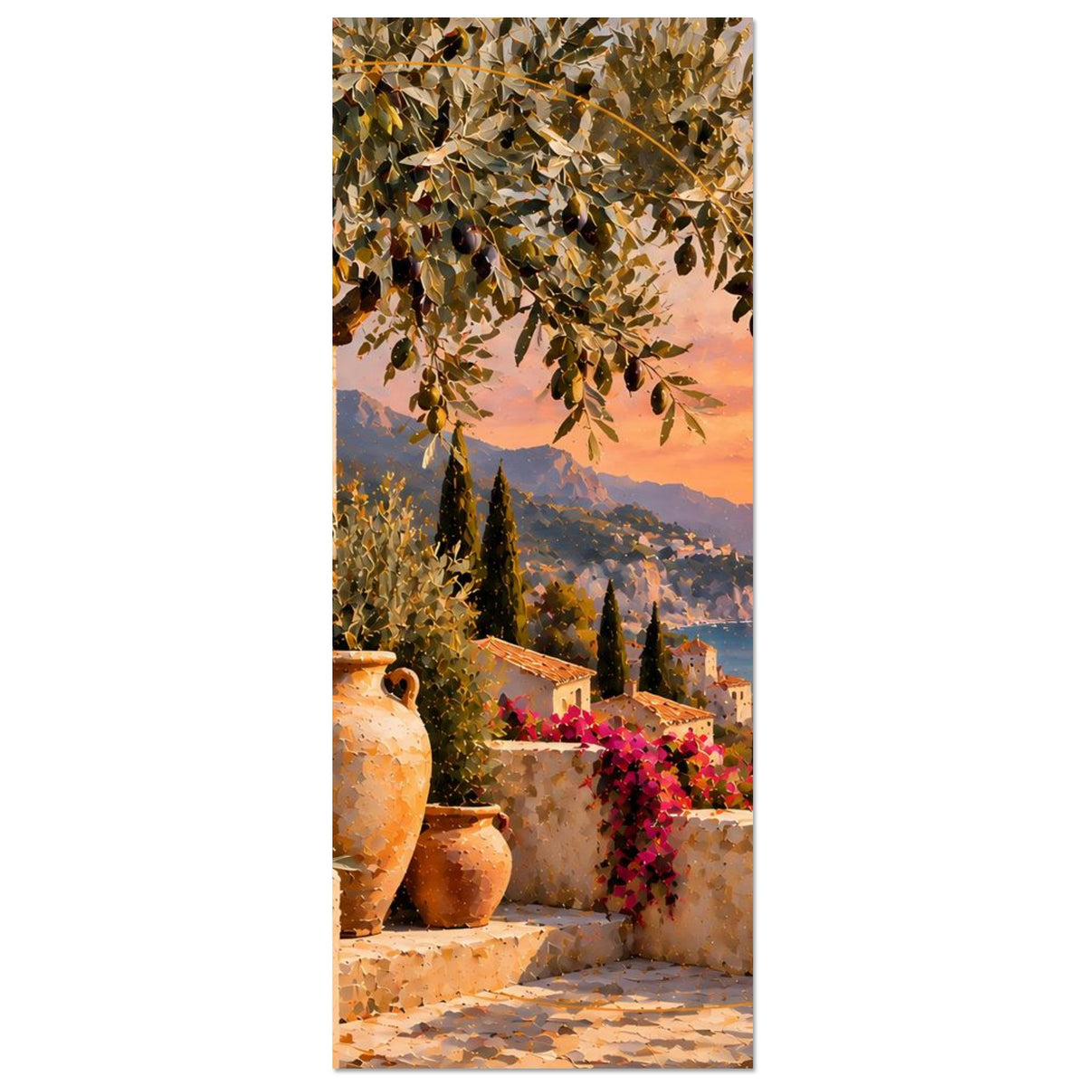 Kunstposter hochformat mit Olivenzweigen, Zypressen und Küstenblick bei Sonnenuntergang
