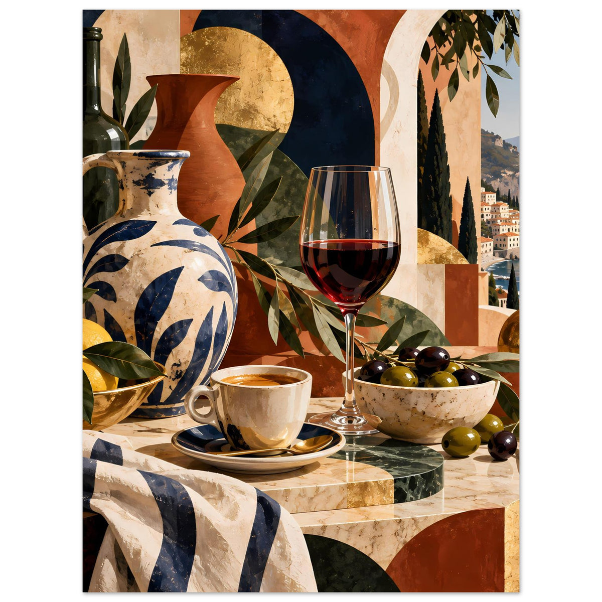 Mediterranes Poster mit Vase, Weinglas, Tasse und Schüssel voller Oliven
