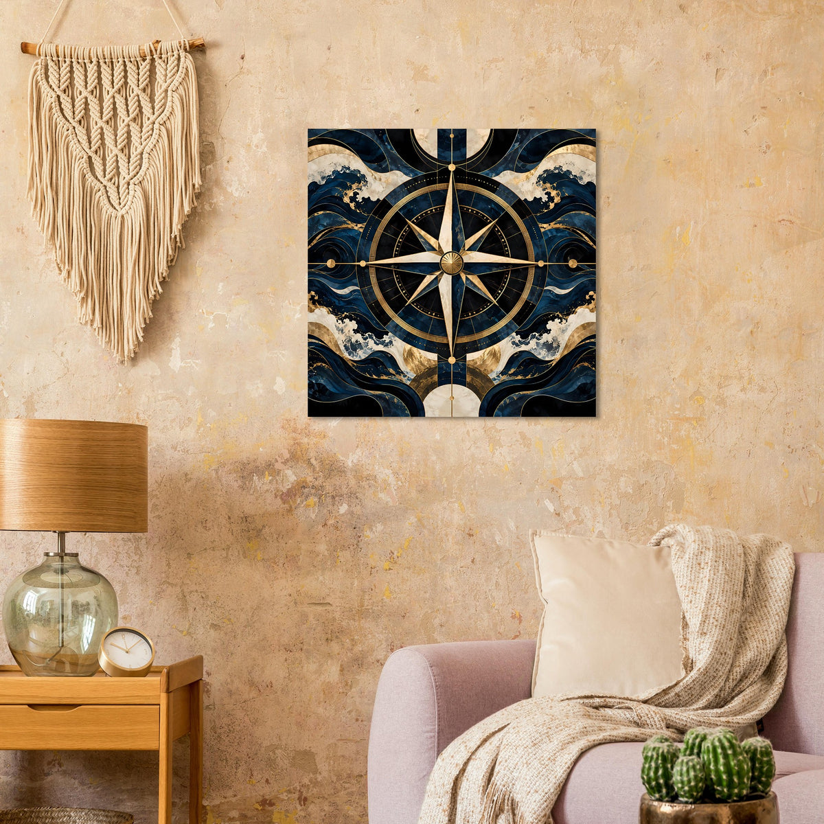 Maritimes Navigationsposter mit Kompassrose: blau-gold, goldene Kompassnadel