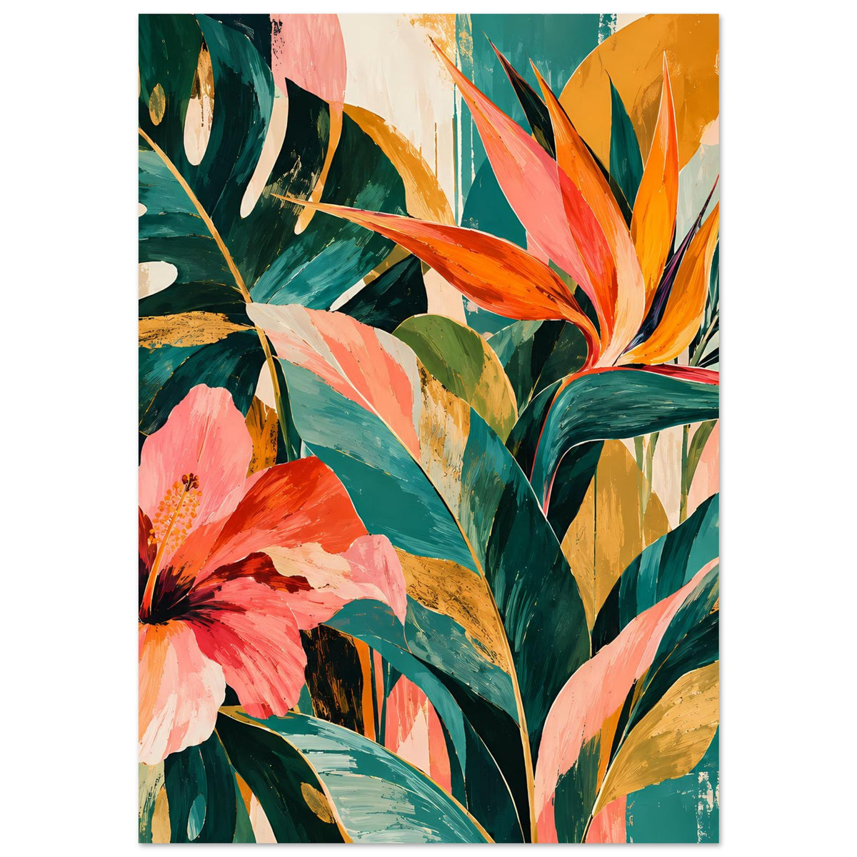 Florales Kunstposter mit pinken Blüten und grünen, gelben sowie orange Blättern