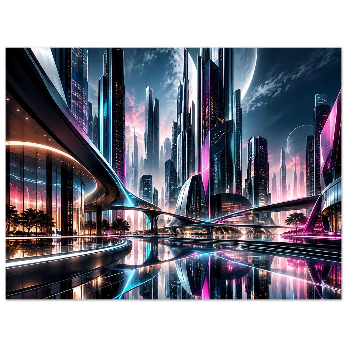 Poster mit Skyline, mehrfarbigen Neonrouten und klarer Spiegelung auf dem Wasser