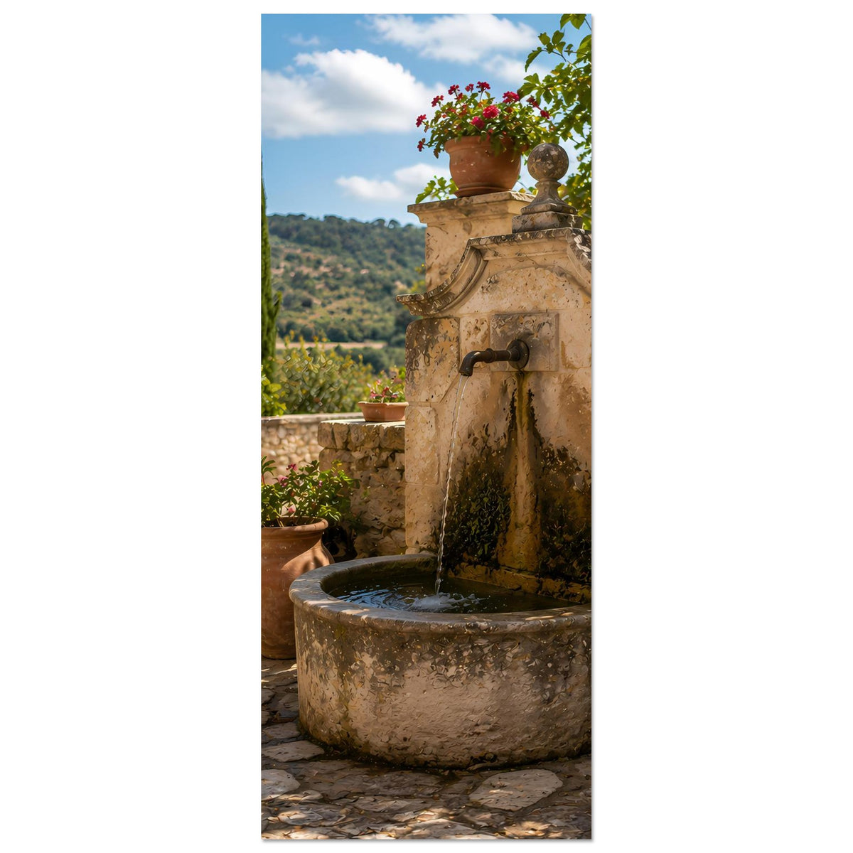Vertikales Steinbrunnen-Poster: rundes Steinbecken mit Wasser und Wandarmatur