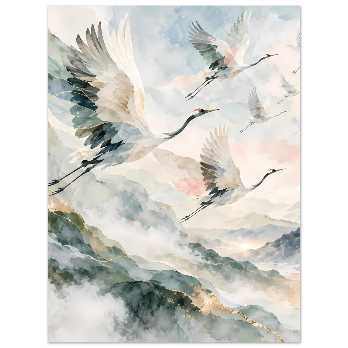 Poster mit Kranichen im Vordergrund, Aquarellhimmel und Goldakzent an einer Berglinie