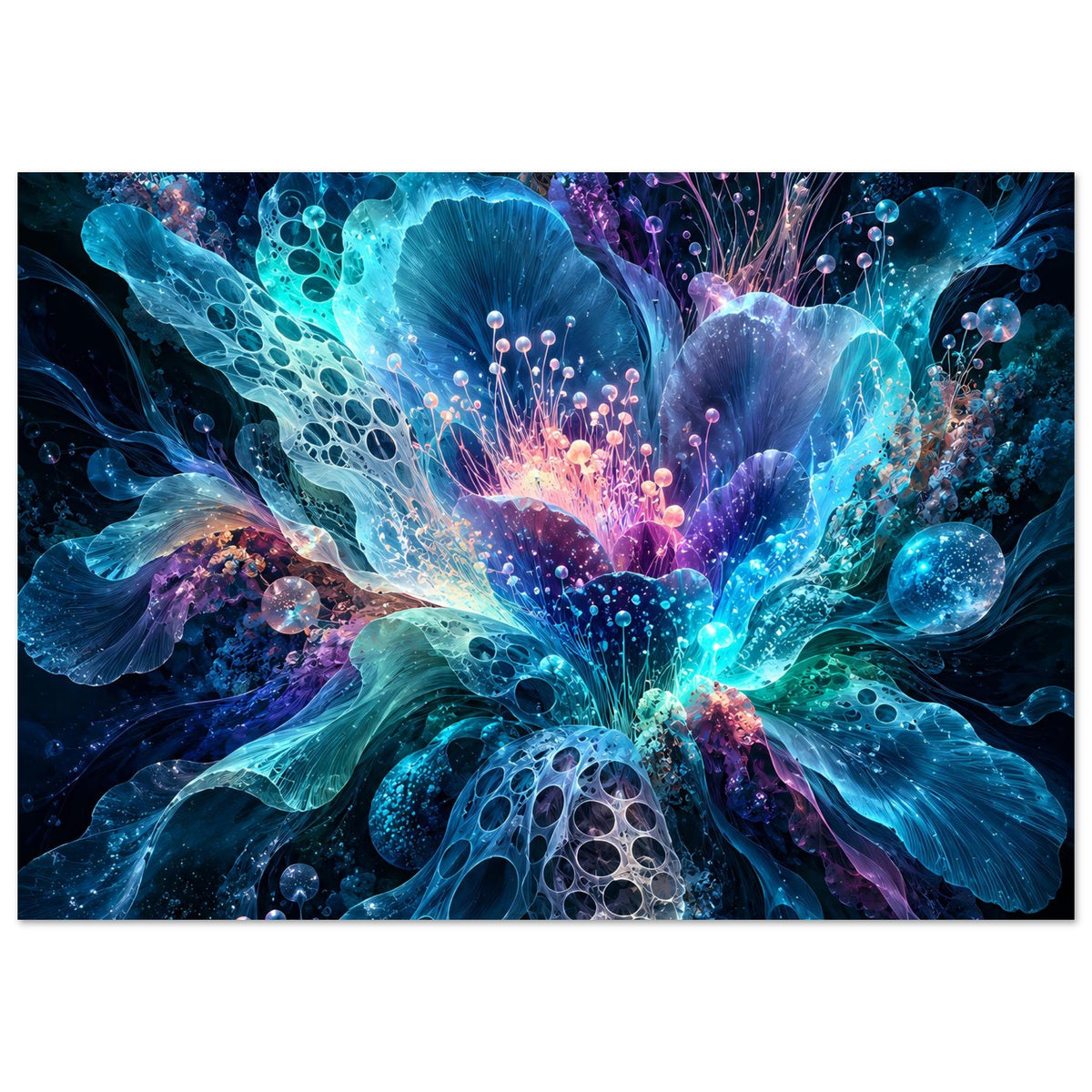 Leuchtendes digitales Blumenposter, großes Blütenmotiv in Blau- und Violetttönen