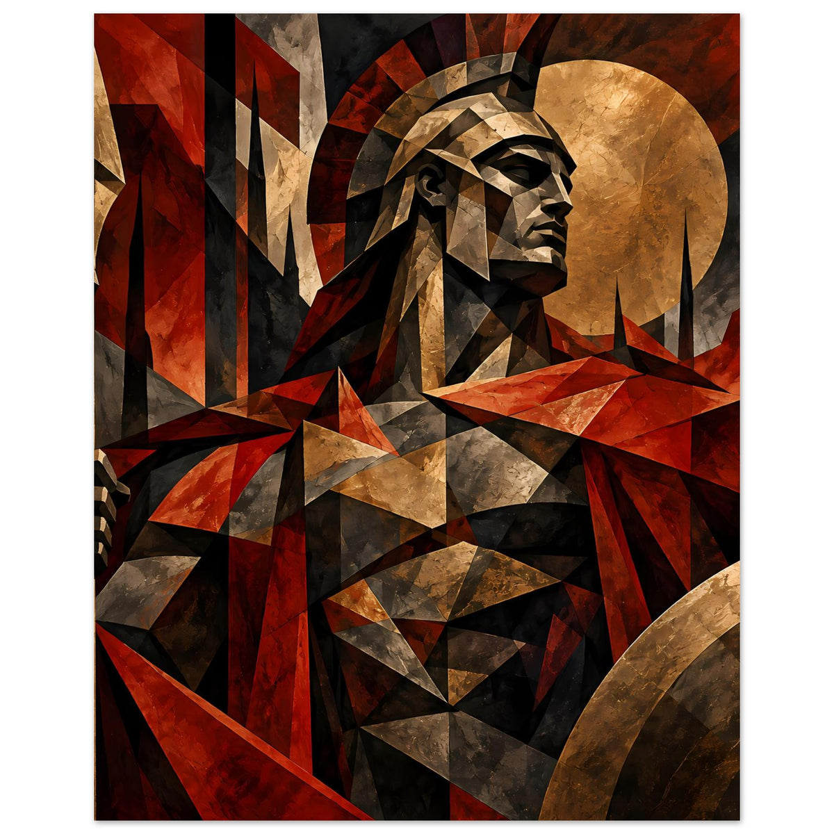 Poster mit spartanischem Krieger im geometrischen Design, Rot-, Gold- und Brauntöne, Hochformat