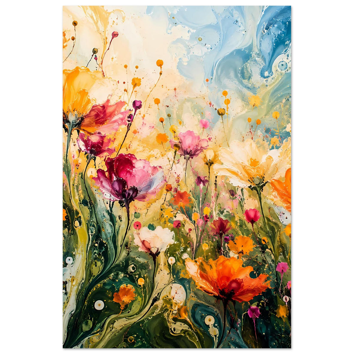 Abstraktes Blumenposter im Hochformat: gelbe, pinke und orange Blüten vor blauem Hintergrund im Rahmen