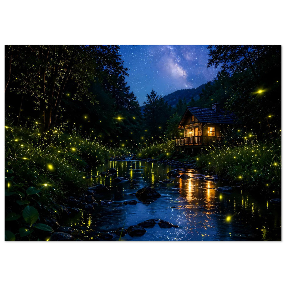 Poster zeigt nächtlichen Wald an einem Bach mit flackernden Glühwürmchen und erleuchteter Hütte