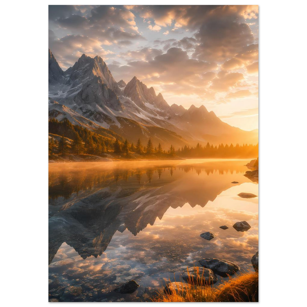 Sonnenbeschienenes Bergsee-Poster im Hochformat: Berge, spiegelnder See und warmes Sonnenlicht