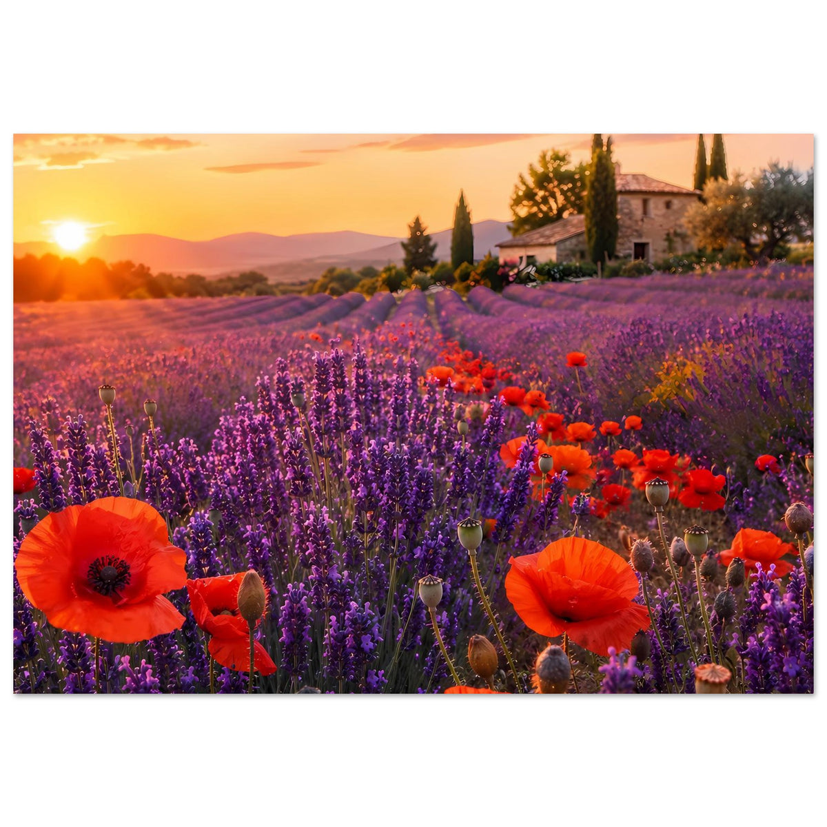 Floraler Landschaftsposter: Lavendelfeld mit großen roten Mohnblüten und Haus im Sonnenuntergang