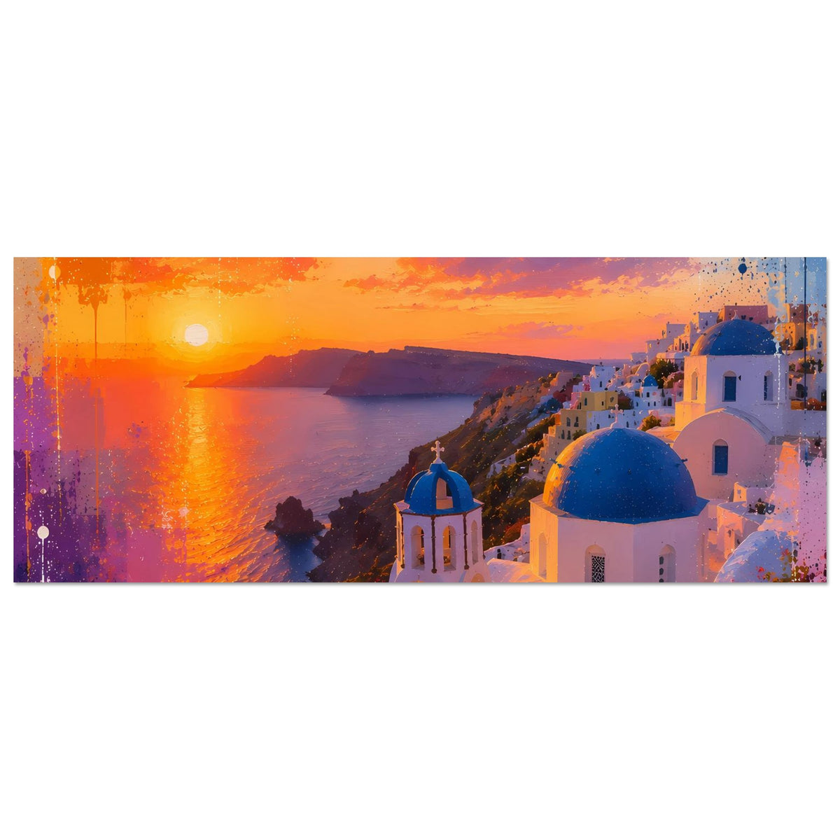 Horizontales Poster mit Sonnenuntergang, Meer und weiß-blauen Kuppeln, farbige Spritzer