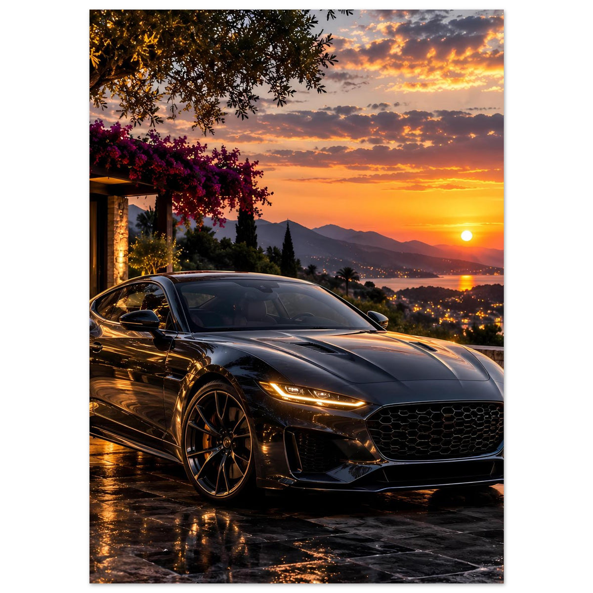 Poster mit dunklem Sportwagen vorn, Sonnenuntergang mit gelbem Himmel