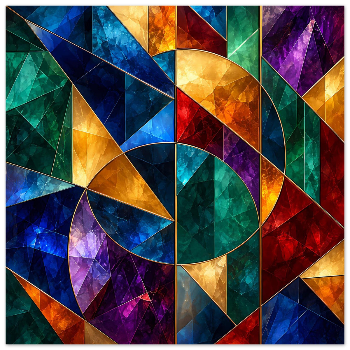 Poster mit geometrischem Tiffany-Glas-Muster in Blau, Grün, Gelb, Orange, Violett und Rot