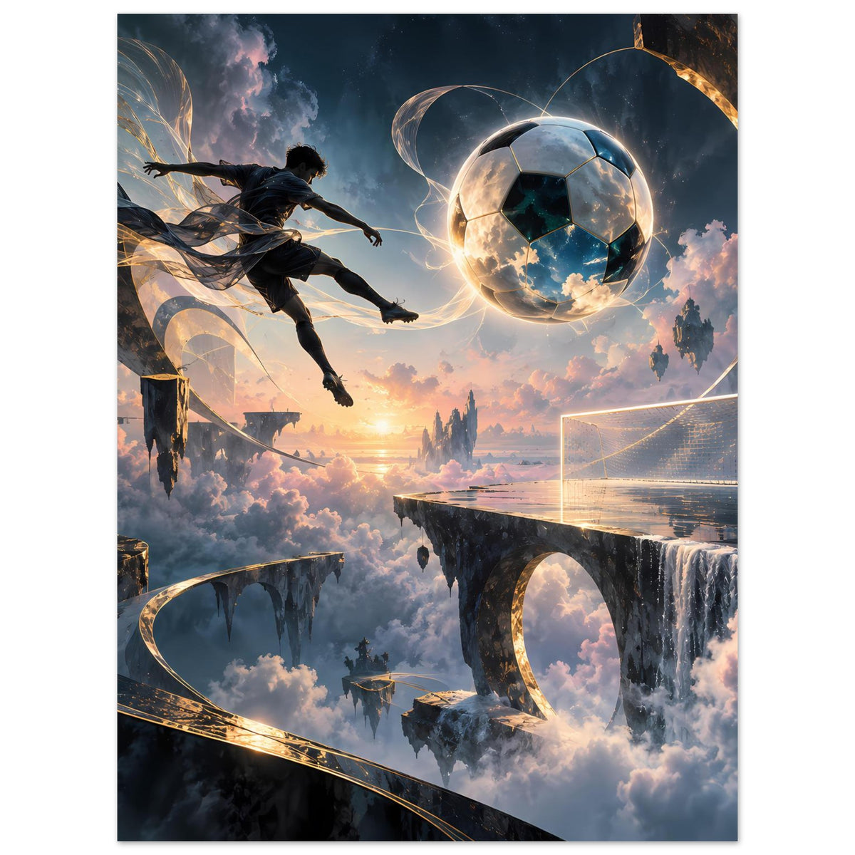 Hochformat-Fußball-Poster mit leuchtender Kugel, springendem Spieler, Torlinie und Sci‑Fi-Wolken.