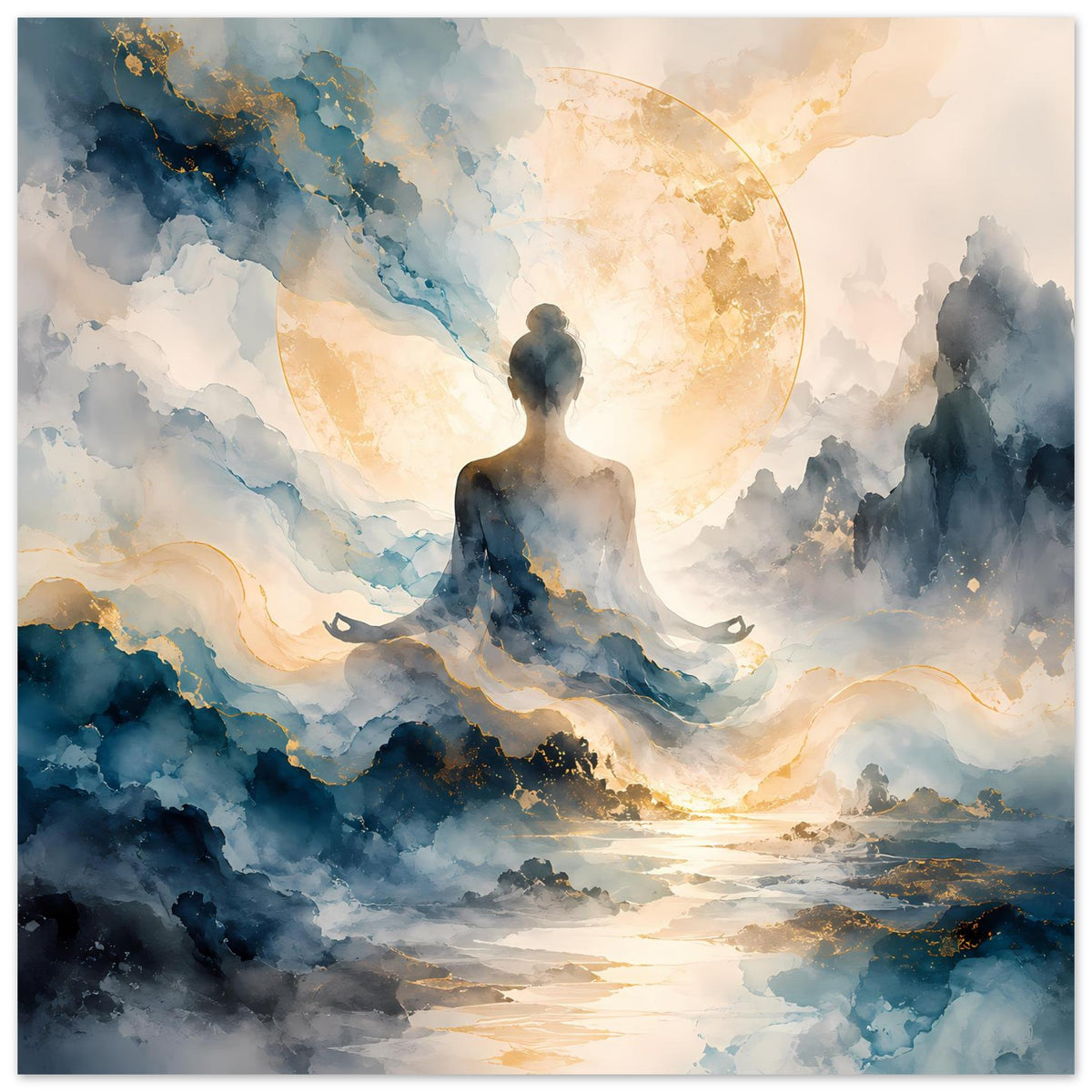 Abstraktes Zen-Poster mit Meditationsfigur zwischen Wolken, goldene Kreisform, Blaunuancen