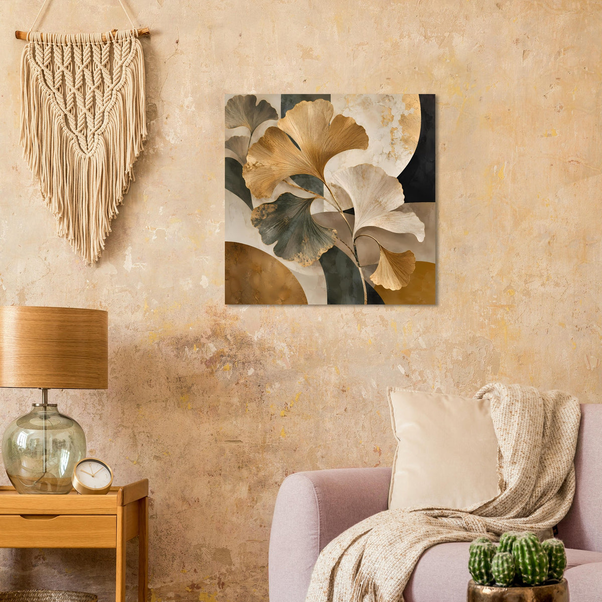Quadratisches Poster mit Ginkgo-Blättern in Gold- und Beigetönen auf dunklem Grund