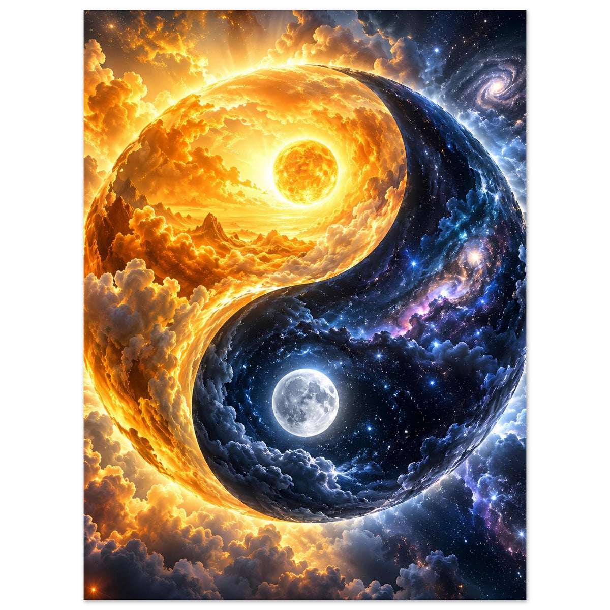Kosmos-Kunstdruck (Hochformat) mit Yin-Yang: sonnige und dunkle Seite mit Mond, Sternen und Wolken.