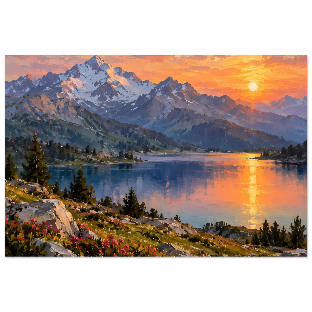 Wandposter mit Sonnenuntergang über dem Bergsee, horizontal, mit Wiesen und Bäumen vorn.