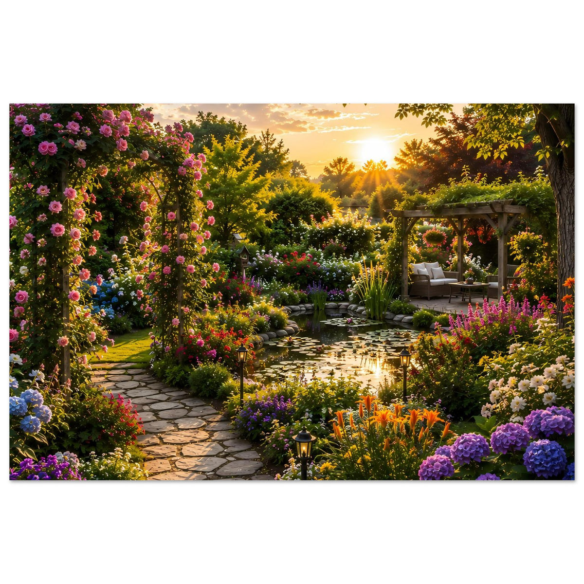 Gartenposter im Querformat: blühender Gartenweg, Grüninseln und Sonnenuntergangslicht