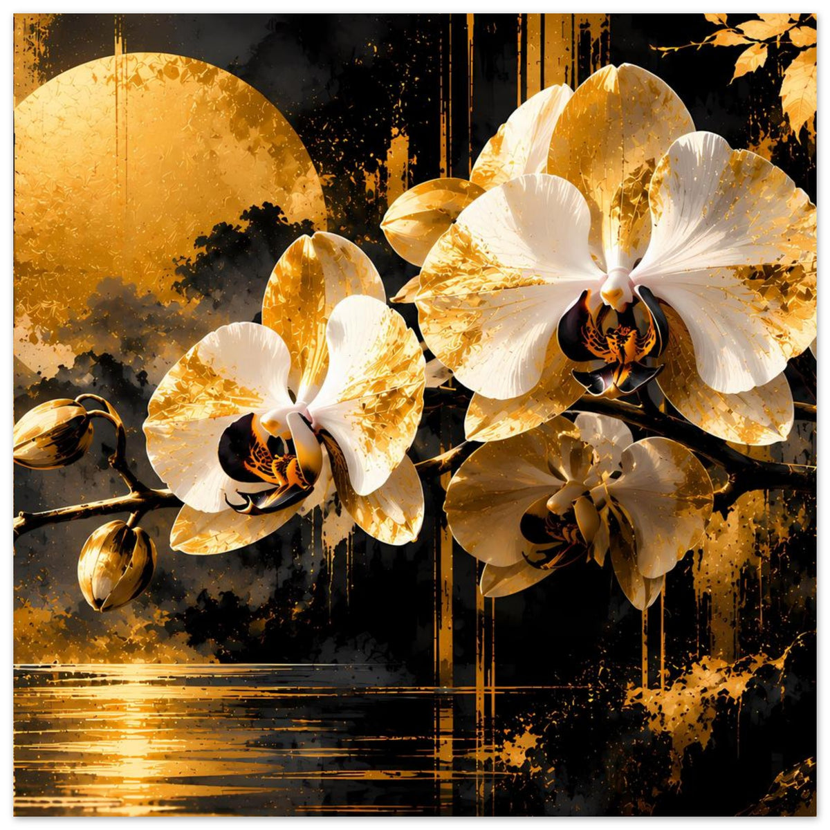 Blumenposter mit weißen und goldenen Orchideenblüten, elegantes Farbschema