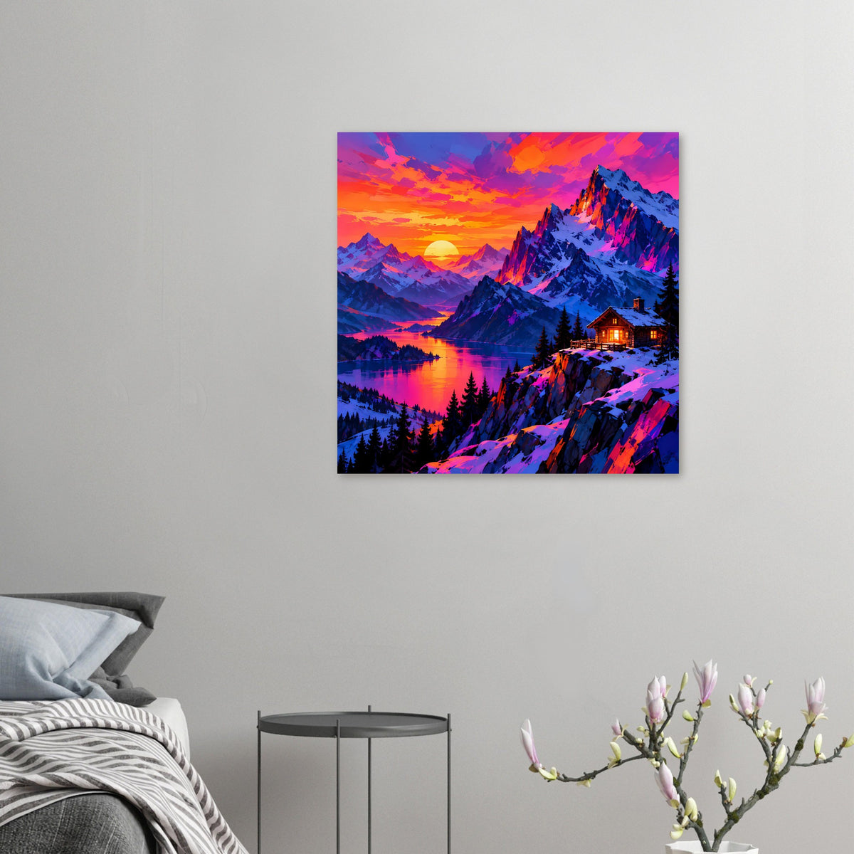 Quadratisches Poster mit Bergsee im Abendlicht, leuchtender Sonne und verschneiten Gipfeln.