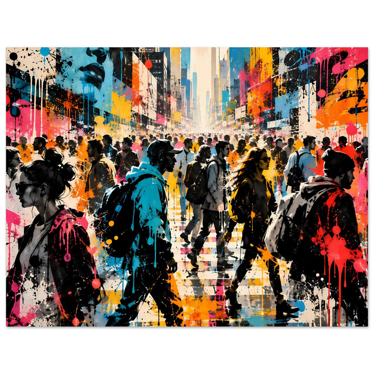 Street-Art-Poster im Querformat mit bunten Spritzern, Stadt-Szene und dunklen Silhouetten im Vordergrund
